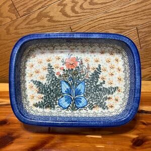 Unikat 1497 Ultimate Bakeware Butterfly Holly 10" Baker Blue Boleslawiec Poland